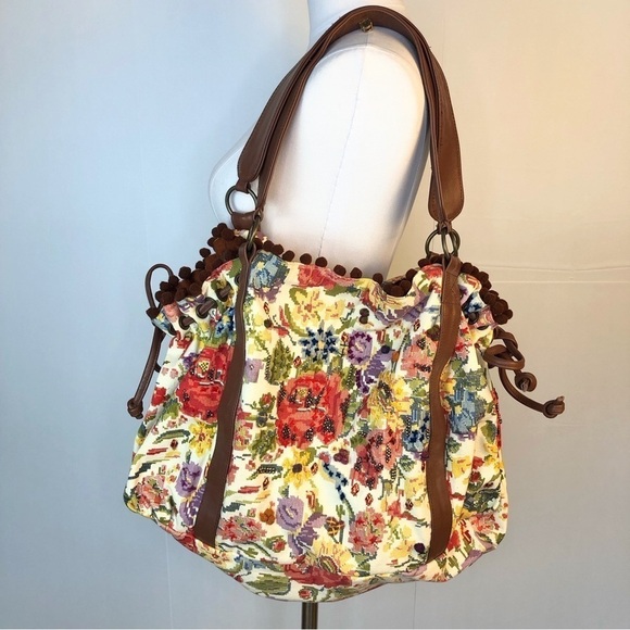 FLORAL canvas large tote bag Pom pom trim embellished artsy lightweight - Picture 1 of 8